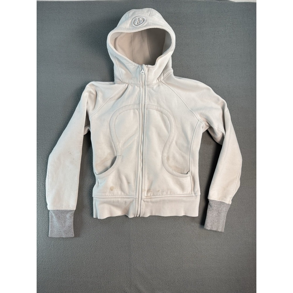 Lululemon Scuba Hoodie Womens 6 White Fleece Full Zip Hooded Logo Pockets Raglan